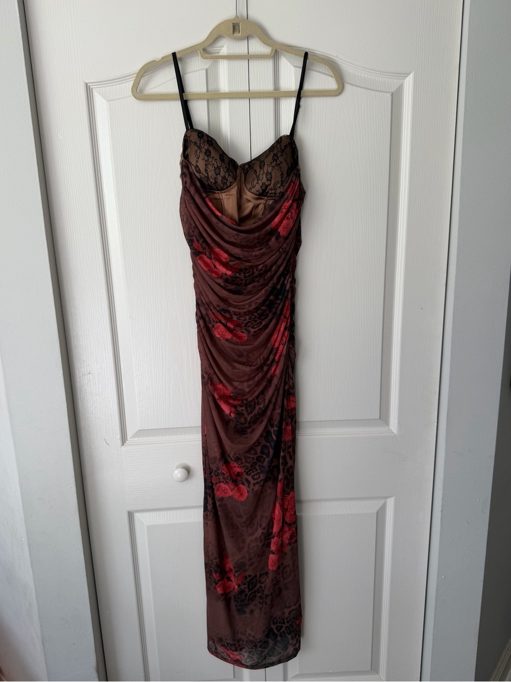 Brown & Red Floral Draped Maxi Dress with Lace Bodice